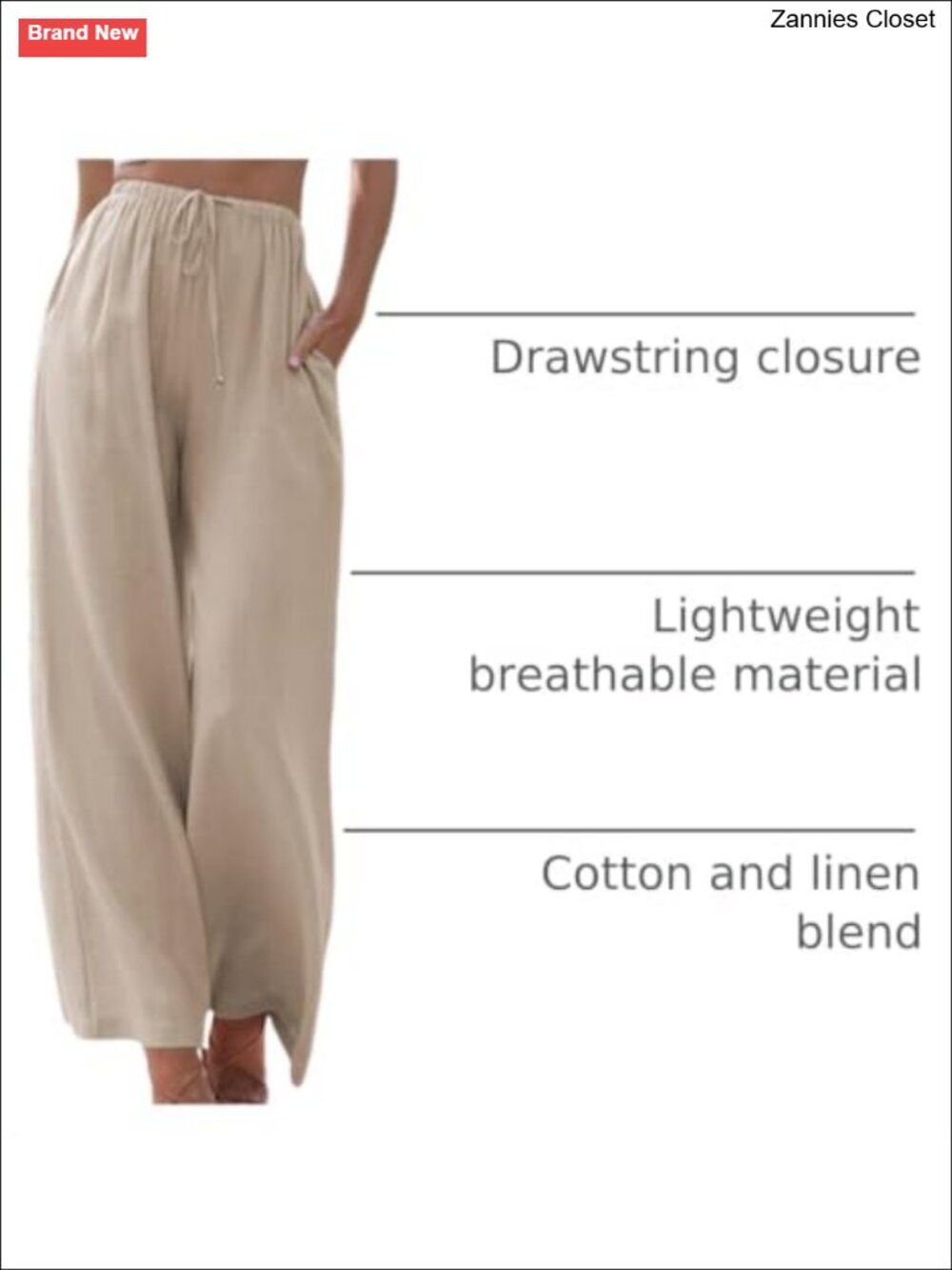 Faleave Cotton Linen Palazzo Pants Wide Leg Flowy Beach Trousers with Pockets - Picture 3 of 6